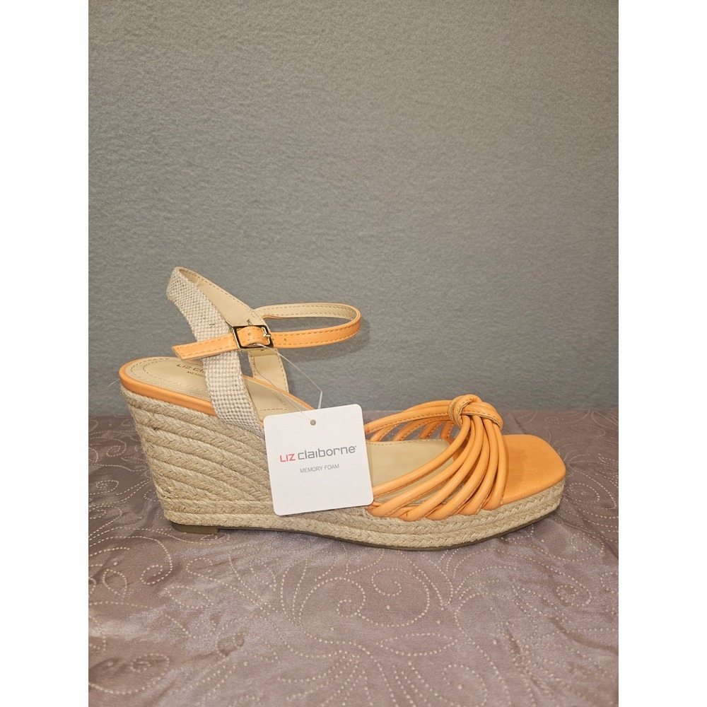 Liz Claiborne Marcos Orange Espadrille Wedge Sandals Memory Foam Womens 9.5M NEW